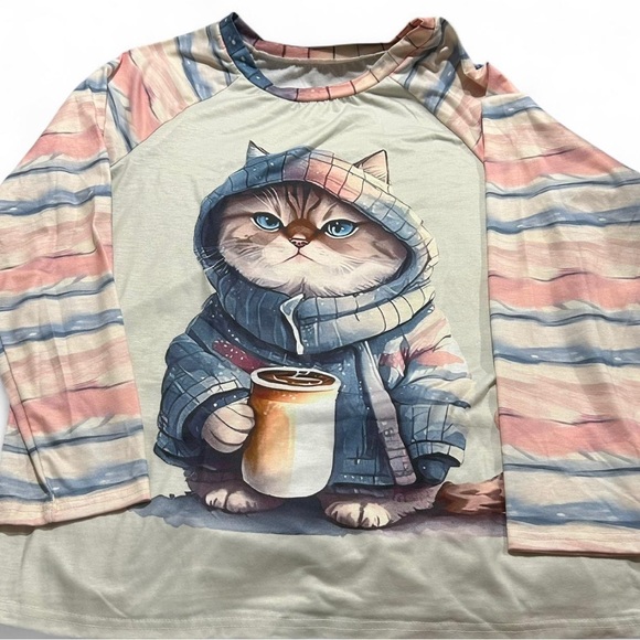 Charming Cat w/ a Hoodie & Coffee cup Design long sleeve size xl - Picture 2 of 4